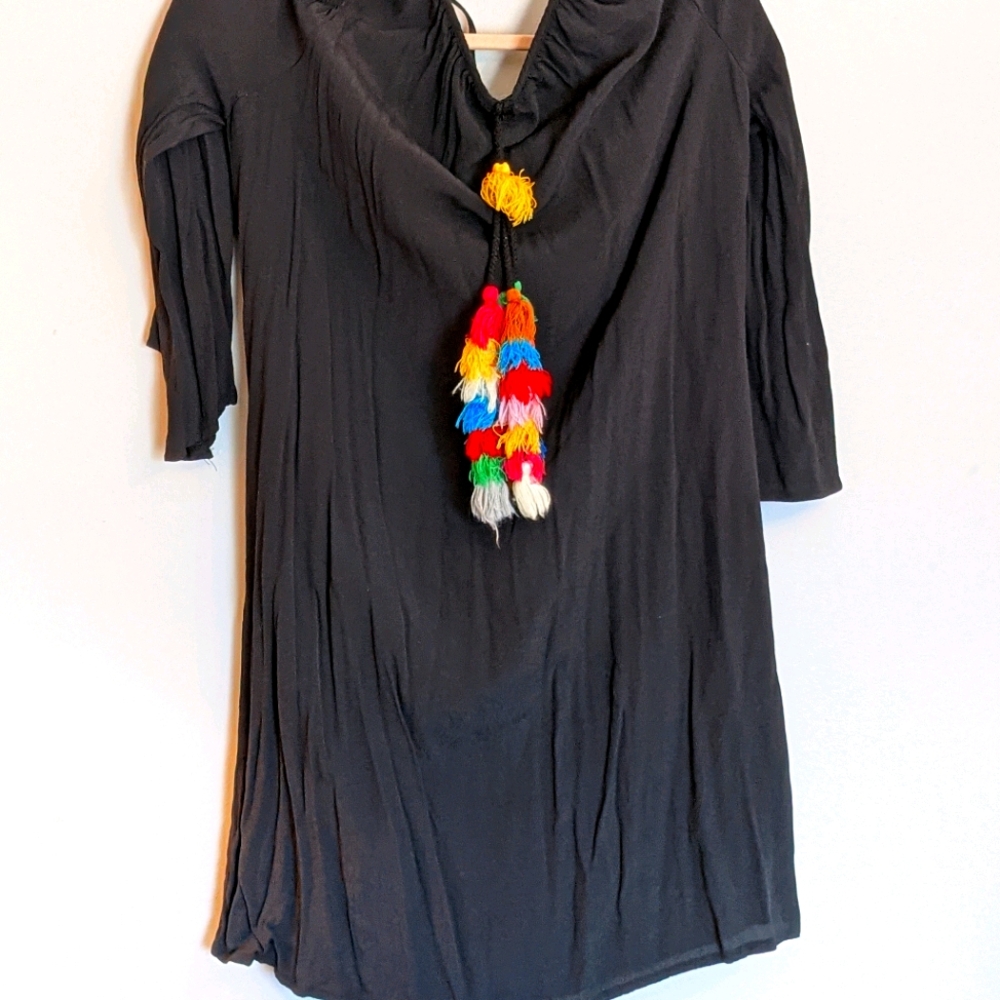 Black Cold Shoulder Bright Pom Pom Tassel Dress